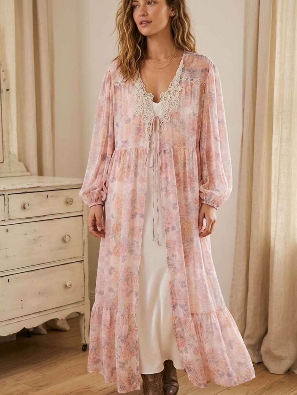 ​Free People Intimately Celia Floral Sheer Lace Trim Maxi Duster M/L